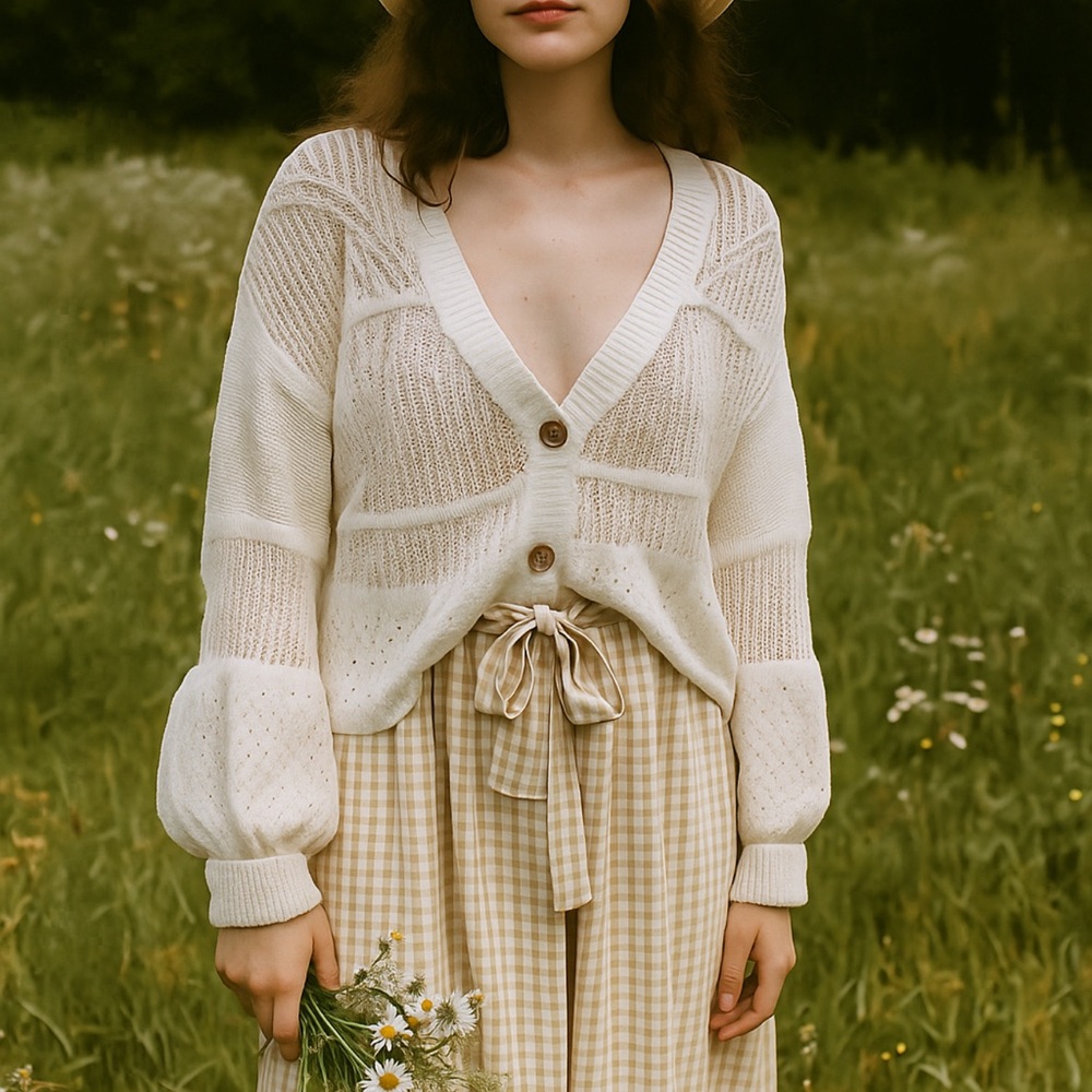 Fray Size S Pointelle Knit Cardigan Sweater White Lightweight Cottagecore Granny